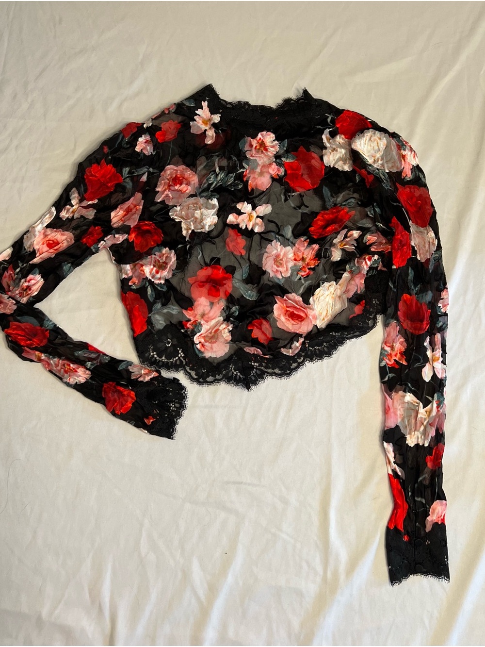 Victoria's Secret Black Floral Lace-Trim Crop Top with Red & Pink Roses
